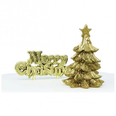 Lot de 2 décorations : Sapin doré en résine + Merry Christmas